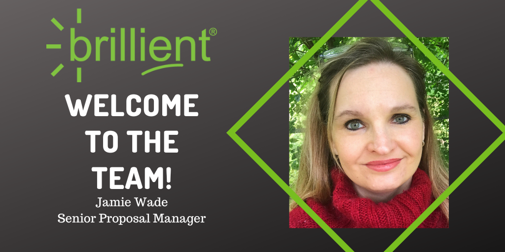 A gray rectangle containing a picture of a woman (Jamie Wade), her job title (Senior Proposal Manager), and the message, "Welcome to the Team."